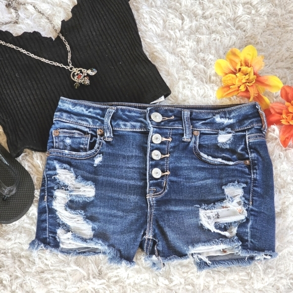 American Eagle Outfitters Women's Jean Shorts Size 4 Hi Rise Shortie Distressed - Picture 16 of 16